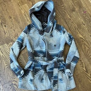 Southwestern Patterned Hooded Wool blend Jacket with Belt size medium